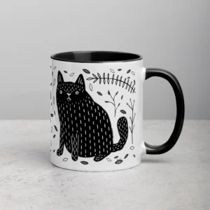 11oz Black Cat and Leaves Ceramic Mug
