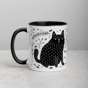 11oz Black Cat and Leaves Ceramic Mug