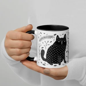 11oz Black Cat and Leaves Ceramic Mug