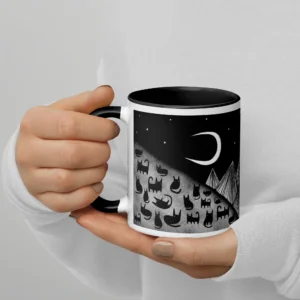 11oz Black Cat Stargazing and Mountain Ceramic Mug