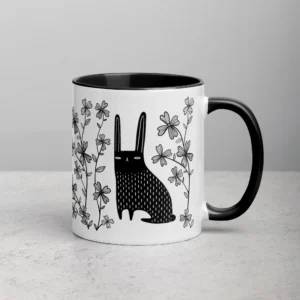 11oz Black Rabbit in a Flower Garden Ceramic Mug