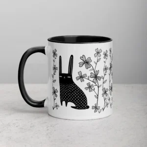 11oz Black Rabbit in a Flower Garden Ceramic Mug