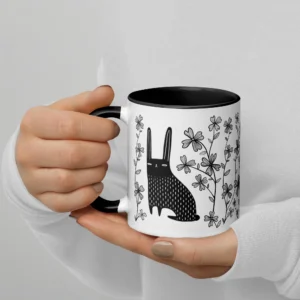 11oz Black Rabbit in a Flower Garden Ceramic Mug