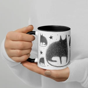 11oz Fluffy Black Cat and Stars Ceramic Mug