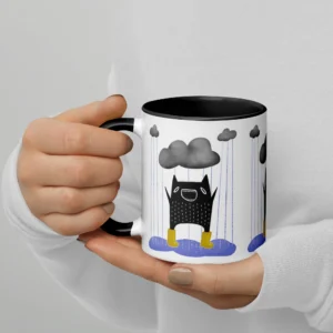 11oz Funny Cat Illustration in the Rain Ceramic Mug